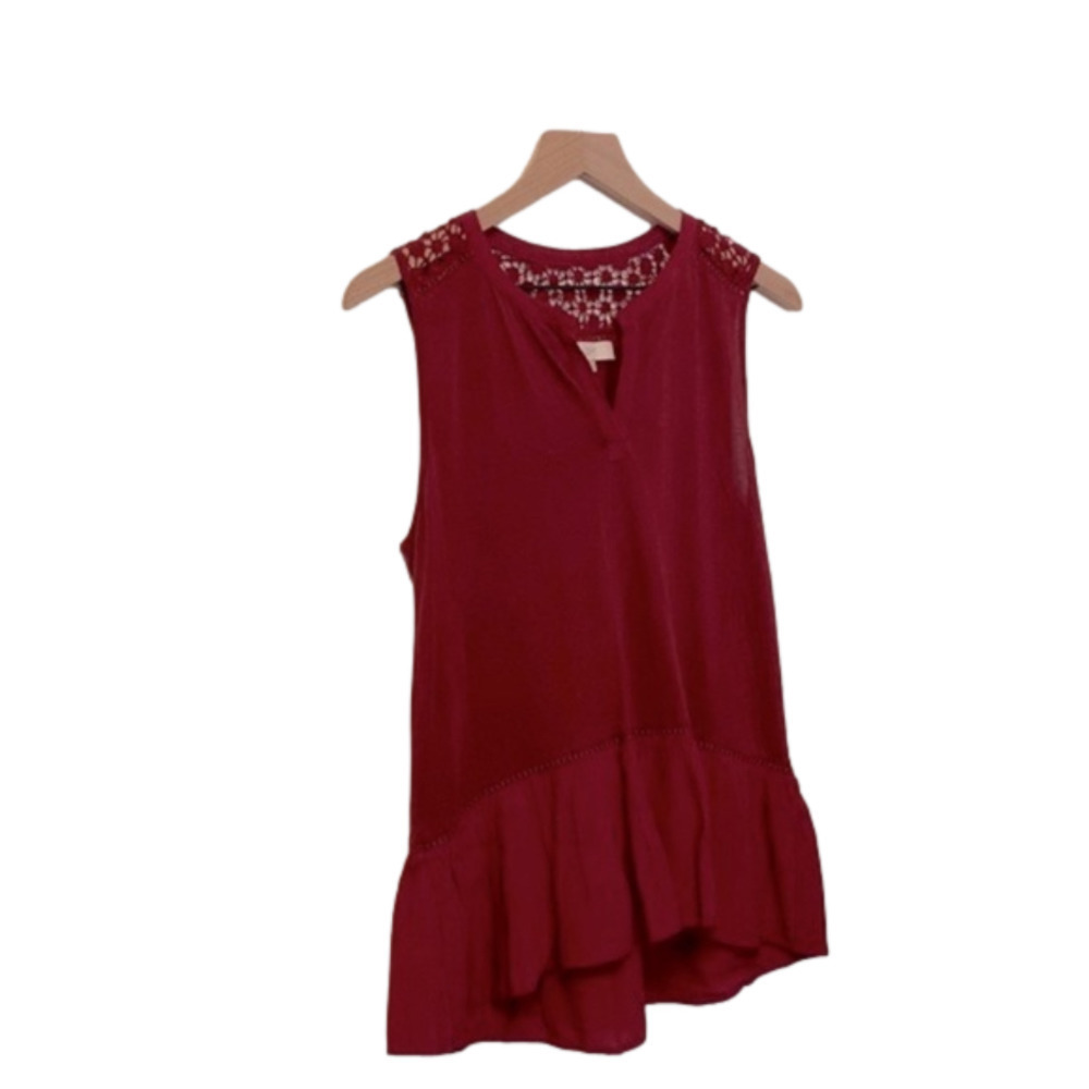 Loft Womens Tank Top Maroon Sleeveless Lace Detail Rayon Flowy Hem Casual Sz S